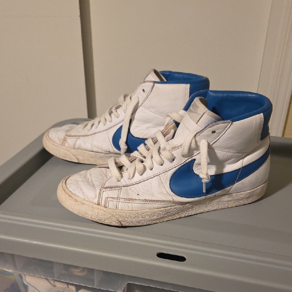 Nike Blazer Leather White and Blue High-Tops Mens Size L Vintage